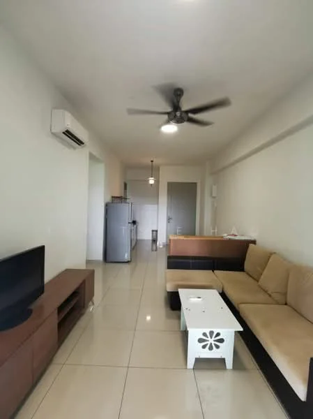Living features: 3-seater fabric sofa in beige, coffee table with floral design, wall-mounted TV, TV console in dark wood, 1 ceiling fan with light, 1 wall-mounted split AC, glossy tile flooring, neutral painted walls; style: modern. Kitchen features: stainless-steel fridge, open kitchen layout, kitchen cabinetry, countertop space, pendant lighting; style: modern.