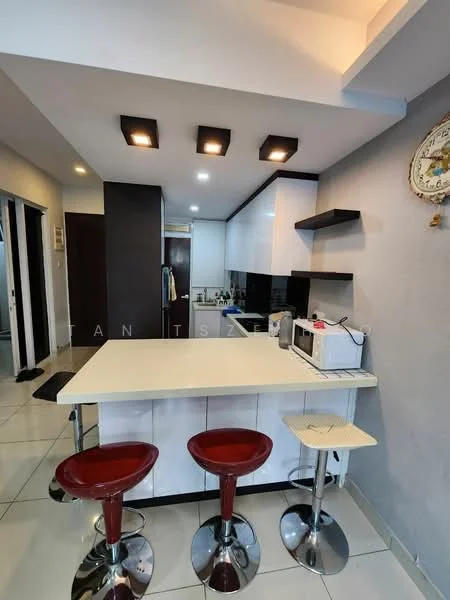 Kitchen features: white cabinetry, black countertop, stainless-steel microwave, stainless-steel sink, chrome faucet, 3 red bar stools, white island with seating, recessed downlights, ceramic tile flooring, grey accent wall, open shelving, built-in oven; style: modern.
