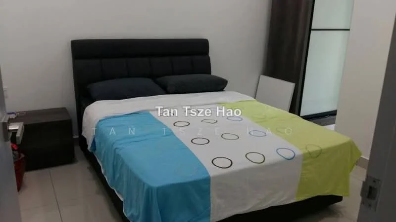 Bedroom features: king-size bed with upholstered headboard, bedding with blue and white polka dot pattern, two black pillows, nightstand with drawer, laminate flooring, white painted walls, floor-to-ceiling window, curtains, decorative wall art; style: modern.