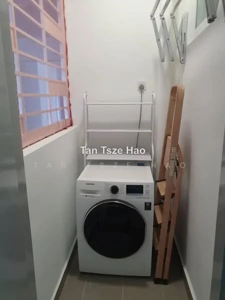 Laundry features: front-load washing machine in white, wooden drying rack, grey tiled flooring, white painted walls, window with pink blinds, shelf unit above washing machine, power outlet, space for additional storage; style: modern.