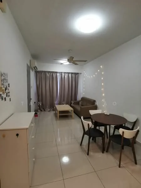 Living features: cream painted walls, glossy tile flooring, 5-blade ceiling fan with light, sofa in brown, coffee table, round dining table, 4 dining chairs in white and black, curtains in grey, string lights, wall-mounted air conditioning unit; style: modern.