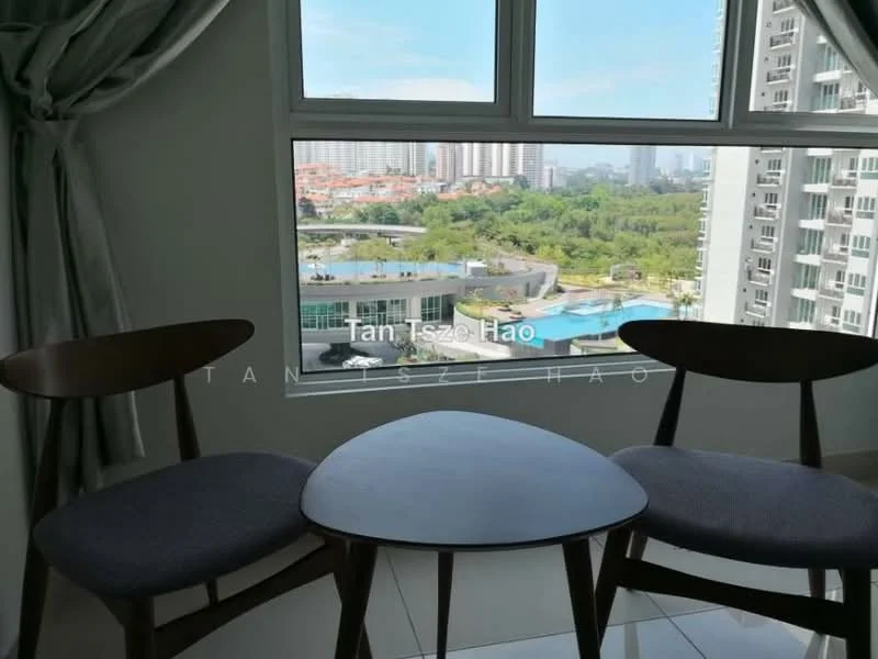 Room features: floor-to-ceiling windows, city view, two wooden chairs, round table, white walls, glossy tile flooring, natural light, greenery outside; style: modern; view: city.