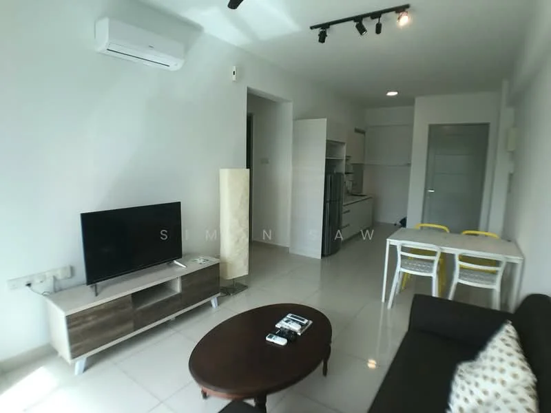 Living features: wall-mounted TV, wooden TV console, 3-seater fabric sofa in dark color, coffee table, dining table for 4 with white chairs, recessed LED downlights, wall-mounted split AC, glossy tile flooring, white painted walls, open layout to kitchen, large window with natural light; style: modern. Kitchen features: kitchen cabinetry, countertop, built-in appliances, open layout to living area; style: modern.