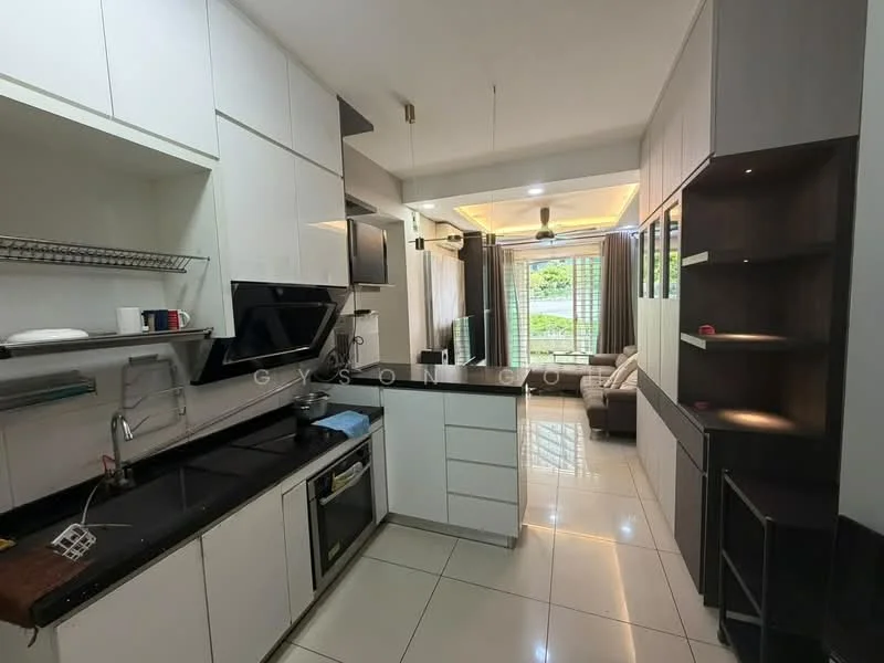 Kitchen features: white shaker cabinets, black granite countertop, single-bowl stainless-steel sink, chrome pull-down faucet, built-in oven, freestanding range oven, stainless-steel refrigerator, ceramic tile flooring, recessed downlights, open shelving, wall-mounted microwave, window with garden view, kitchen island, sliding glass door to outdoor area; style: modern; view: garden. Living features: sofa, coffee table, TV console, area rug, curtains, recessed downlights; style: modern; view: garden.
