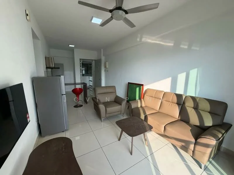 Living features: 3-seater leather sofa in beige, single armchair in beige, wooden coffee table, wall-mounted TV, refrigerator, ceiling fan with light, white painted walls, tile flooring, large windows with natural light; style: modern.