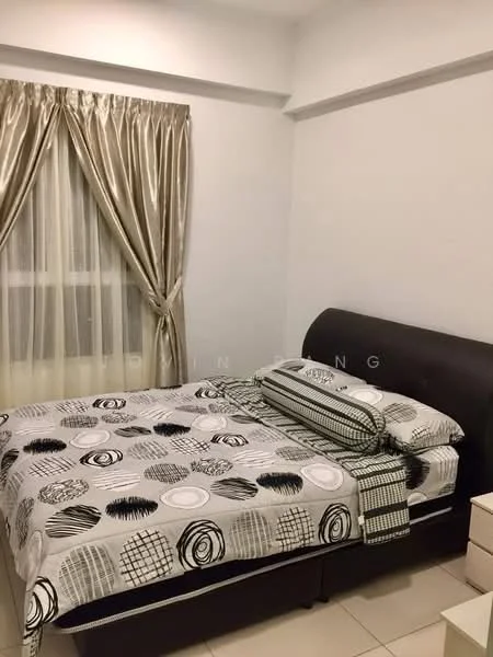 Bedroom features: king-size bed, upholstered headboard, bedding with geometric pattern, decorative throw pillows, two bedside tables, table lamps on bedside tables, floor-to-ceiling window, sheer curtains, cream painted walls, tile flooring; style: modern.