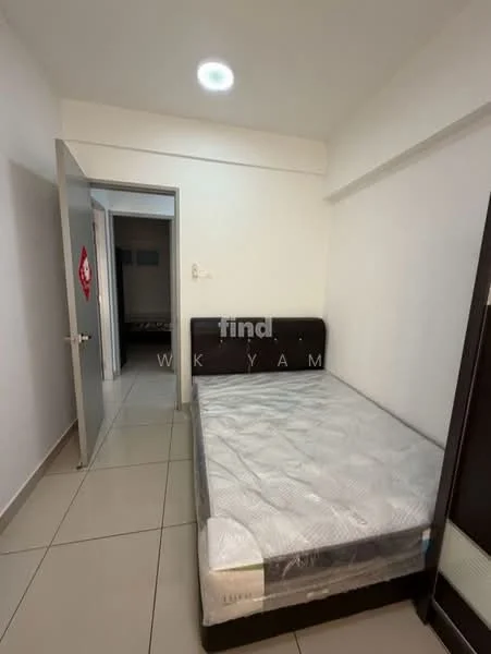 Bedroom features: single bed with mattress, white painted walls, tile flooring, built-in wardrobe, window with no visible treatment, light fixture on ceiling, door leading to hallway, minimalist decor; style: modern.