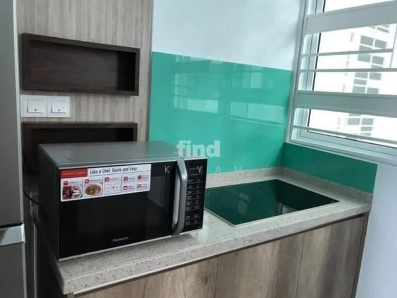 Kitchen features: green glass backsplash, light-colored stone countertop, built-in microwave, induction cooktop, wood cabinetry, two electrical outlets, window with horizontal slats, open shelving; style: modern.