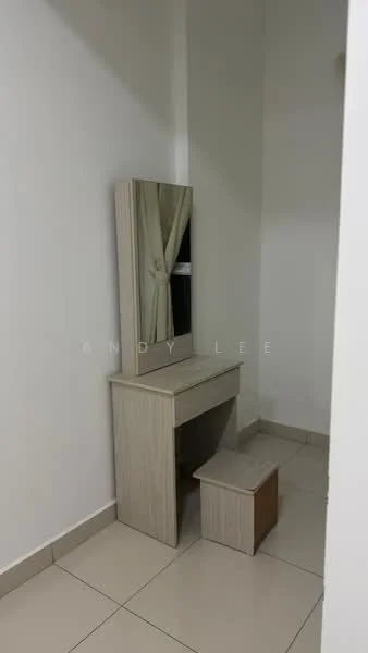 Room features: light-colored wooden vanity, framed mirror, small stool, white painted walls, ceramic tile flooring; style: modern.