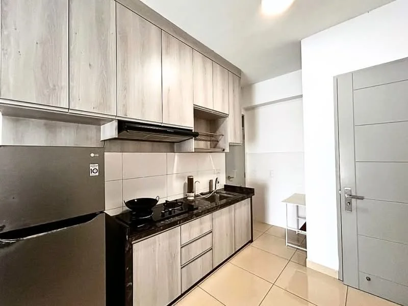 Kitchen features: grey wood cabinetry, black granite countertop, stainless-steel fridge, built-in gas stove, exhaust hood, white tiled backsplash, ceramic tile flooring, single-bowl stainless-steel sink, wall-mounted shelves, kitchen utensils on countertop; style: modern.