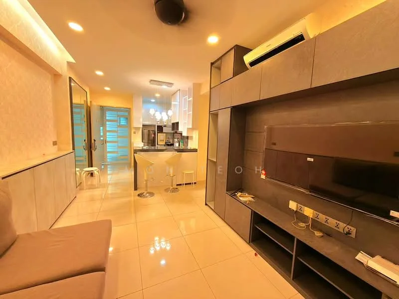 Living features: wall-mounted TV, grey cabinetry, light-colored walls, recessed lighting, ceiling fan, white tiled flooring, open layout, sofa, bar stools, kitchen island, air conditioning unit; style: modern. Kitchen features: kitchen island, bar stools, white cabinetry, stainless-steel appliances, recessed lighting, open layout; style: modern.