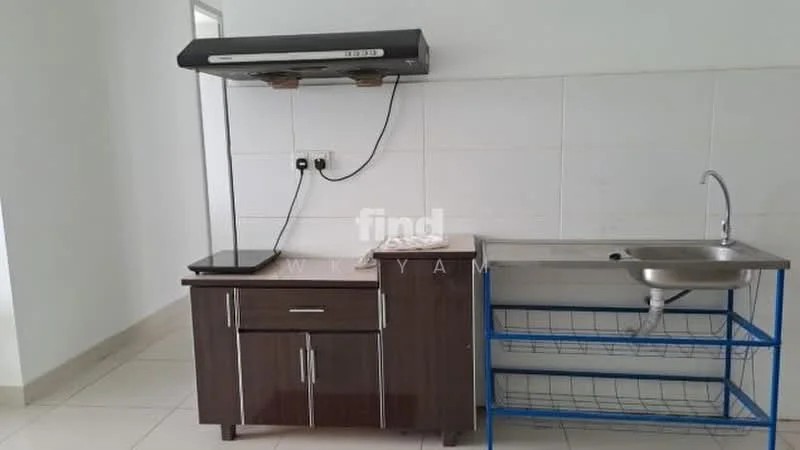 Kitchen features: brown wooden cabinetry, stainless-steel sink, chrome faucet, black range hood, white tiled backsplash, white walls, light-colored floor tiles, open shelving below the countertop; style: modern.
