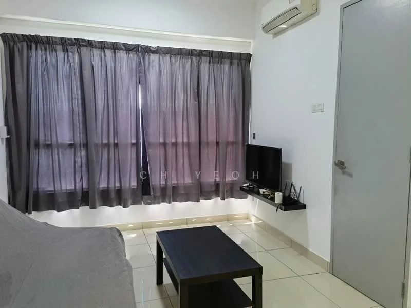 Living features: grey fabric sofa, black coffee table, wall-mounted TV, white walls, tiled flooring, floor-to-ceiling windows, black sheer curtains, air conditioning unit, light switch, door, decorative items on TV console; style: modern.
