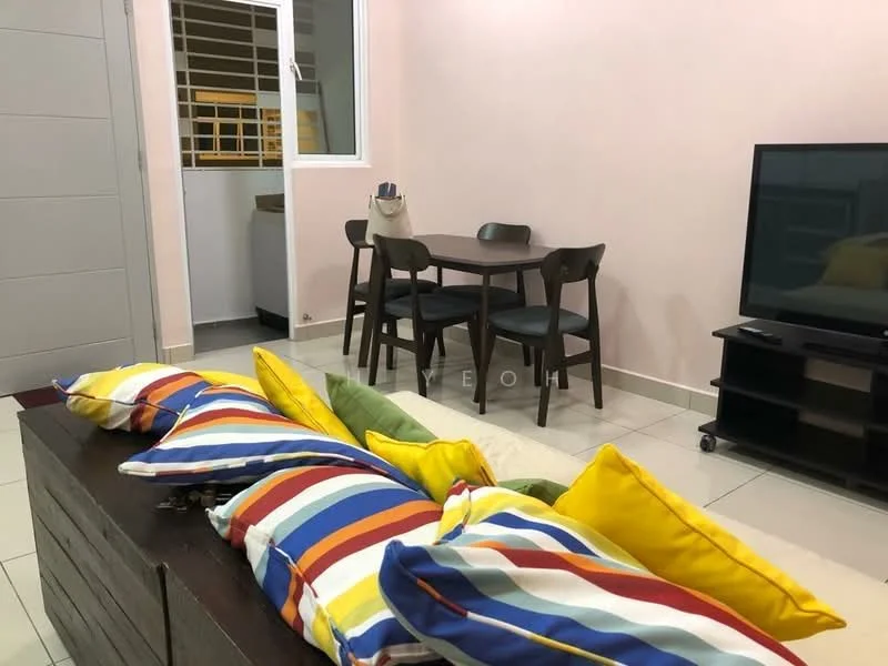 Living features: light pink painted walls, white tiled flooring, sofa with colorful striped cushions, wooden coffee table, 4-seater dining table with wooden chairs, wall-mounted TV, TV console, window with white grille, decorative items on the table; style: modern.