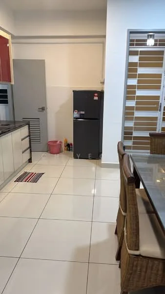 Kitchen features: white painted walls, glossy tile flooring, stainless-steel fridge, built-in oven, kitchen cabinets with red accents, glass dining table, woven dining chairs, countertop with a smooth finish, recessed lighting, open layout, kitchen island, decorative rug; style: modern.