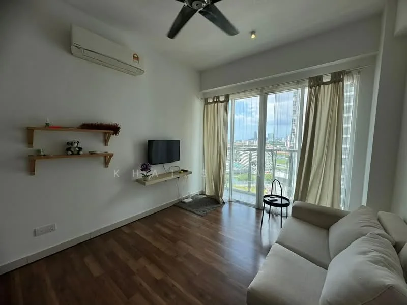 Living features: light wood laminate flooring, white painted walls, 5-blade ceiling fan, floor-to-ceiling windows, sheer curtains, wall-mounted TV, floating shelf, sofa in light color, decorative plant on shelf, small round chair, city view from window; style: modern; view: city.