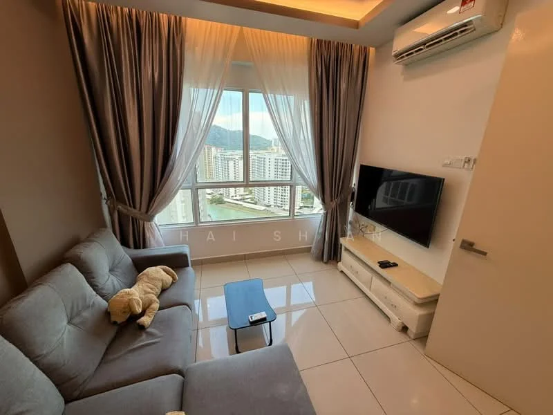 Living features: grey fabric sofa, small coffee table, wall-mounted TV, white TV console, floor-to-ceiling windows, sheer curtains, blackout curtains, recessed downlights, air conditioning unit, ceramic tile flooring, decorative wall paneling, city view; style: modern; view: city.