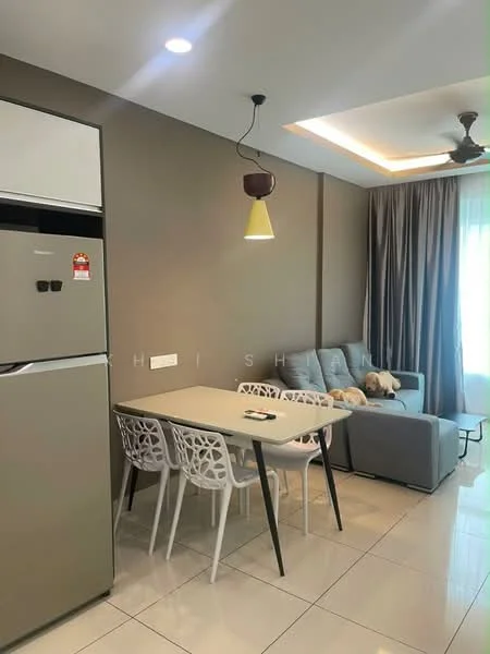 Dining features: white dining table with black legs, 4 white plastic dining chairs, stainless-steel fridge, grey fabric sofa, decorative pendant light, recessed ceiling lights, cream painted walls, floor-to-ceiling windows with sheer curtains, glossy tile flooring, wall-mounted electrical outlet; style: modern.
