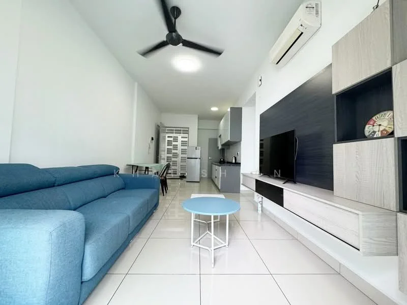 Living features: 3-seater fabric sofa in blue, coffee table with white top and metal legs, wall-mounted TV, TV console with storage, ceiling fan, recessed lighting, white painted walls, tile flooring, air conditioning unit, open layout to kitchen and dining area; style: modern.