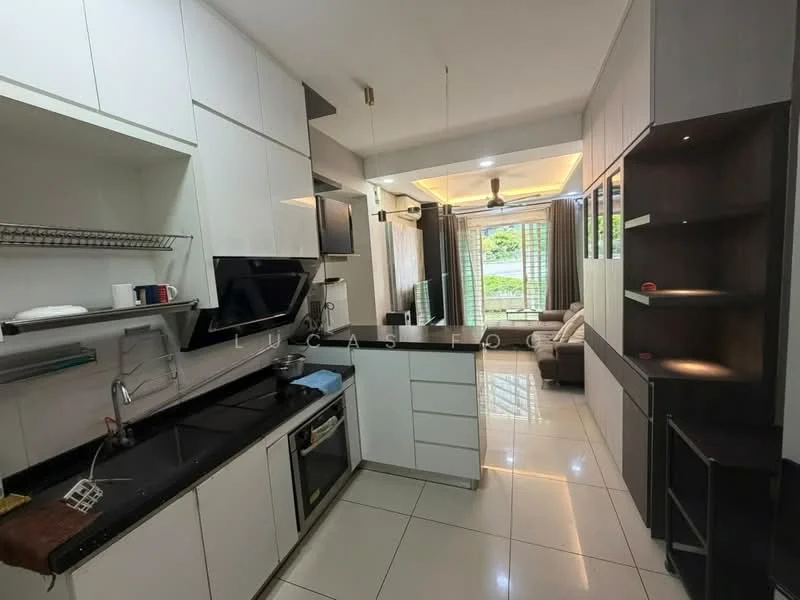 Kitchen features: black granite countertop, white cabinetry, stainless-steel sink, chrome pull-down faucet, built-in oven, stainless-steel fridge, 4-burner gas hob, open shelving, tile flooring, recessed downlights; style: modern. Living features: 3-seater fabric sofa in grey, wall-mounted TV, coffee table, area rug, floor-to-ceiling windows, curtains, ceiling fan, light-colored walls, tile flooring; style: modern; view: garden.
