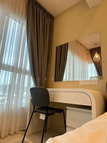 Room features: large window with sheer curtains, grey curtains, white vanity table with mirror, black chair, pendant light fixture, cream painted walls, tile flooring; style: modern; view: city.
