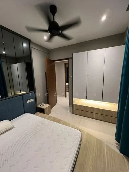 Bedroom features: queen-size bed, upholstered headboard, nightstand, built-in wardrobe with sliding doors, wall-mounted mirror, ceiling fan with light, recessed downlights, white painted walls, tile flooring, curtains, wooden accent paneling; style: modern.