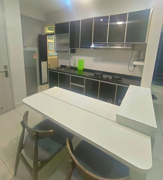 Kitchen features: black cabinetry, white countertop, stainless-steel sink, chrome pull-down faucet, built-in gas hob, built-in oven, refrigerator, tile backsplash, ceramic tile flooring, overhead cabinets, under-cabinet lighting, breakfast bar with seating; style: modern.