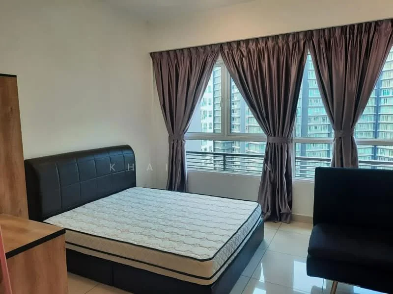 Bedroom features: queen-size bed with upholstered headboard, floor-to-ceiling windows, sheer curtains, dark wood bedside table, black fabric sofa, white tiled flooring, neutral painted walls, built-in wardrobe; style: modern; view: city.