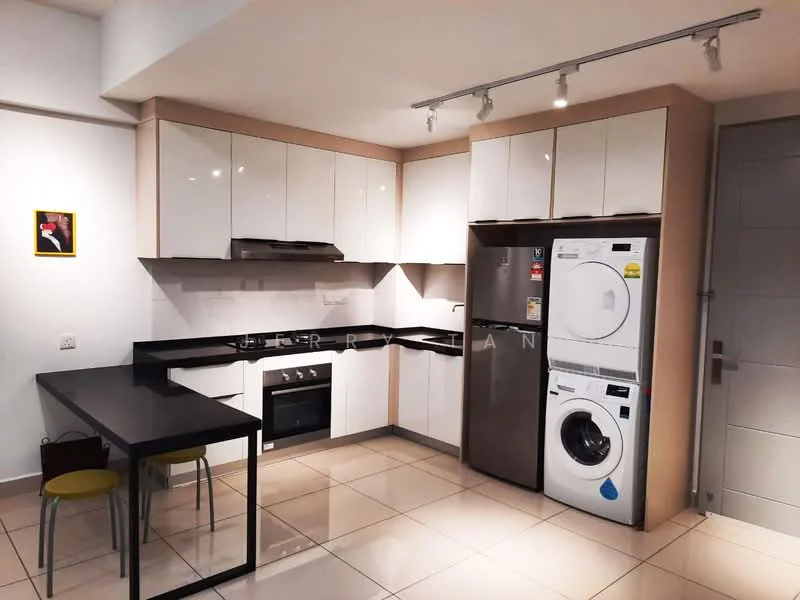 Kitchen features: white high-gloss cabinetry, black countertop, stainless-steel built-in oven, stainless-steel range hood, stainless-steel fridge, front-loading washing machine, 2-seater dining table, tile flooring, recessed downlights, wall-mounted artwork, open shelving; style: modern.