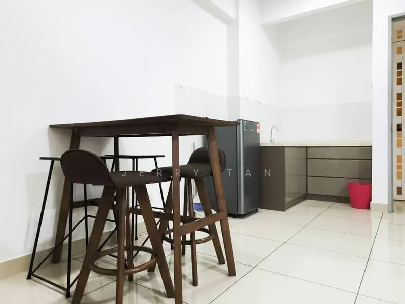 Kitchen features: white painted walls, cream tiled flooring, brown cabinetry, stainless-steel fridge, single-bowl stainless-steel sink, chrome pull-down faucet, kitchen countertop, bar table with high stools; style: modern.