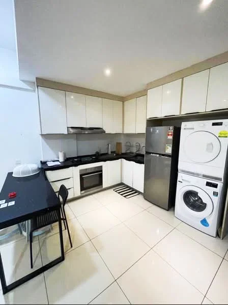 Kitchen features: white flat-panel cabinets, black granite countertop, stainless-steel sink, chrome pull-down faucet, built-in oven, freestanding range oven, stainless-steel fridge, front-load washing machine, tumble dryer, black dining table, black dining chairs, ceramic tile flooring, recessed downlights, wall-mounted shelving; style: modern.