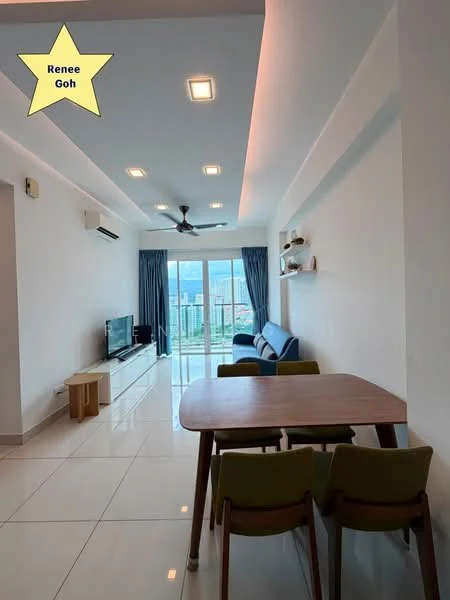 Living features: white painted walls, polished ceramic tile flooring, 5-blade ceiling fan with light, recessed LED downlights, floor-to-ceiling windows, sliding glass door, blue fabric sofa, wooden coffee table, TV console, wall-mounted TV, green upholstered dining chairs, decorative shelving unit; style: modern; view: city.
