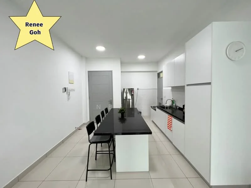 Kitchen features: black granite countertop, white cabinetry, stainless-steel fridge, built-in oven, 4-burner gas hob, single-bowl stainless-steel sink, chrome pull-down faucet, tile flooring, recessed downlights, wall-mounted clock, bar stools, open shelving; style: modern.