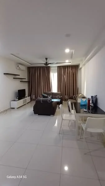 Living features: white painted walls, glossy tile flooring, 5-blade ceiling fan with light, wall-mounted TV, white TV console, black shelving unit, large windows with sheer curtains, sofa in beige, dining table with white chairs, decorative items on table; style: modern.