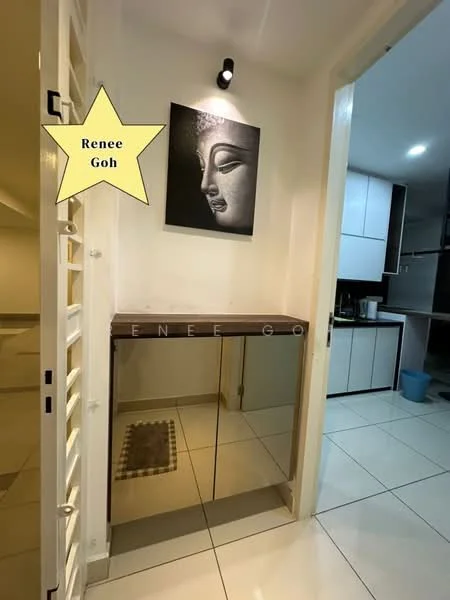 Room features: white painted walls, tile flooring, wall-mounted light fixture, mirror with wooden frame, console table with storage, decorative artwork, doorway with louvered door; style: modern.
