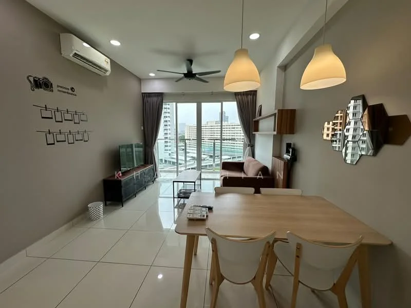 Living features: white painted walls, glossy white tile flooring, 5-blade ceiling fan with light, sofa in brown, coffee table, TV console, wall-mounted TV, dining table with 4 chairs, large sliding glass door, curtains in brown, decorative wall mirror, decorative wall art, open layout, natural light from windows; style: modern; view: city.