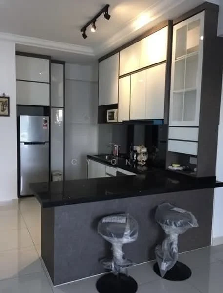 Kitchen features: black granite countertop, white cabinetry with glass-front upper cabinets, stainless-steel fridge, built-in oven, ceramic tile flooring, recessed downlights, single-bowl stainless-steel sink, chrome pull-down faucet, kitchen island with seating, modern bar stools, white backsplash, open shelving; style: modern.