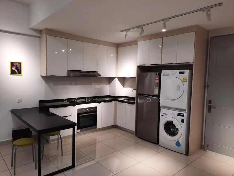 Kitchen features: white high-gloss cabinetry, black granite countertop, stainless-steel built-in oven, 4-burner gas hob, stainless-steel range hood, stainless-steel fridge, front-load washing machine, black dining table, 2 yellow dining chairs, tile flooring, recessed LED downlights, wall-mounted artwork; style: modern.