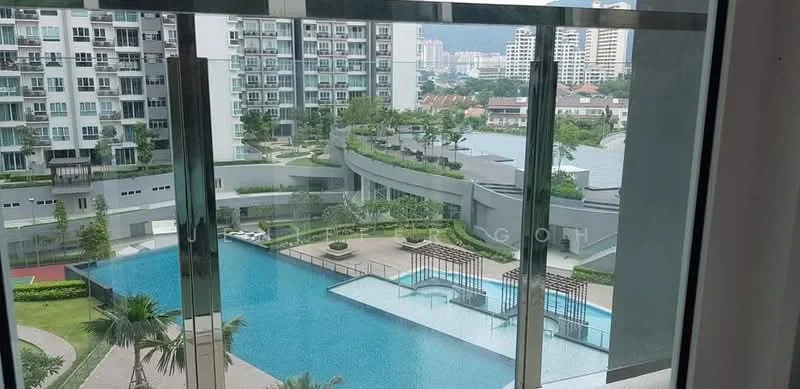 Exterior type: high-rise condominium; features: infinity pool, pool deck with loungers, landscaped garden, manicured lawn, surrounded by mature greenery, children's playground, tennis court, modern architecture, multiple residential blocks, city skyline in background; style: modern.