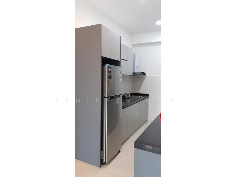 Kitchen features: grey cabinetry, black countertop, stainless-steel fridge, built-in oven, single-bowl stainless-steel sink, chrome pull-down faucet, ceramic tile flooring, recessed downlights; style: modern.