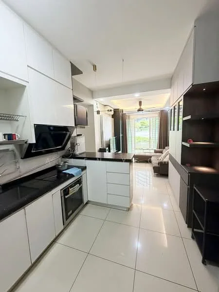 Kitchen features: white flat-panel cabinets, black granite countertop, stainless-steel built-in oven, stainless-steel range hood, 4-burner gas hob, single-bowl stainless-steel sink, chrome pull-down faucet, ceramic tile flooring, recessed downlights, open shelving, microwave, kitchen island, wall-mounted cabinets; style: modern. Living features: sofa, coffee table, TV console, floor-to-ceiling windows, curtains, area rug, ceiling fan; style: modern; view: garden.
