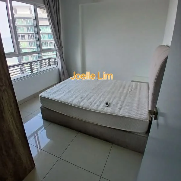 Bedroom features: queen-size bed, light-colored upholstered headboard, white walls, large windows with sheer curtains, glossy tile flooring, nightstand, remote control on bed, minimalist decor; style: modern; view: city.
