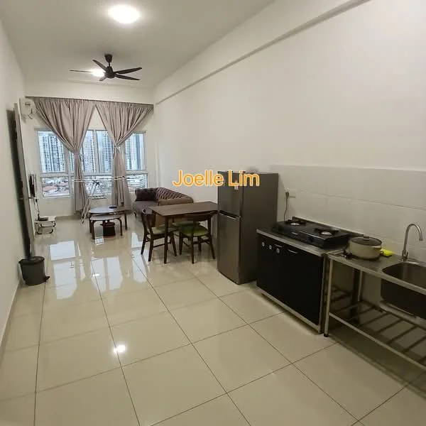Living features: white painted walls, glossy tile flooring, 5-blade ceiling fan with light, floor-to-ceiling windows, sheer curtains, sofa, dining table with chairs, refrigerator, stainless-steel sink, gas stove, kitchen countertop, kitchen cabinetry; style: modern; view: city.