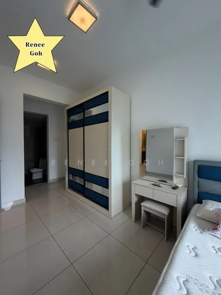 Bedroom features: built-in wardrobe with sliding doors, dressing table with mirror, queen-size bed, white bed linens, cream tiled flooring, recessed ceiling lights, window with natural light, neutral wall color; style: modern.