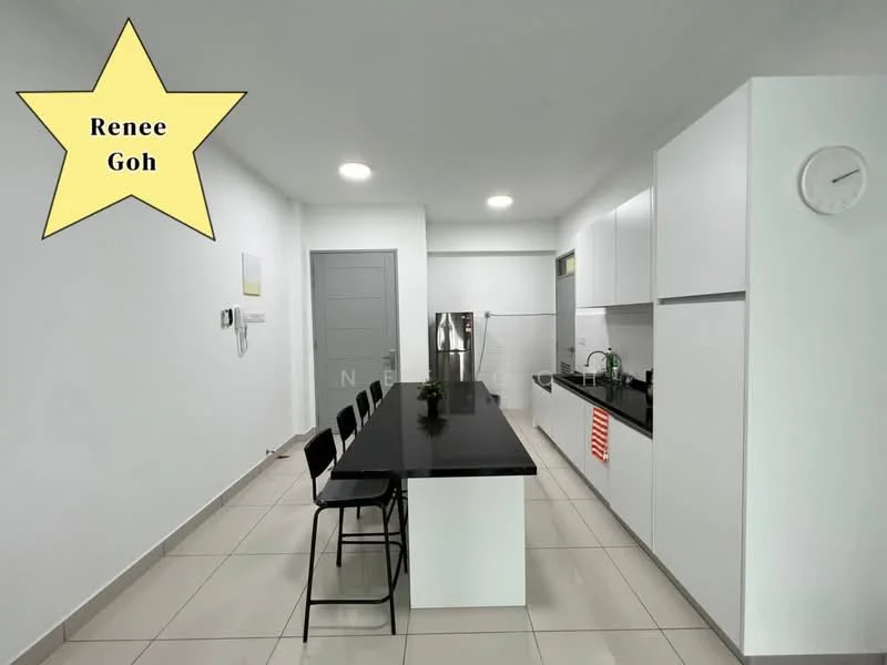 Kitchen features: black granite countertop, white cabinetry, stainless-steel fridge, built-in oven, single-bowl stainless-steel sink, chrome pull-down faucet, four black bar stools, white walls, recessed LED downlights, tile flooring, clock on wall; style: modern.