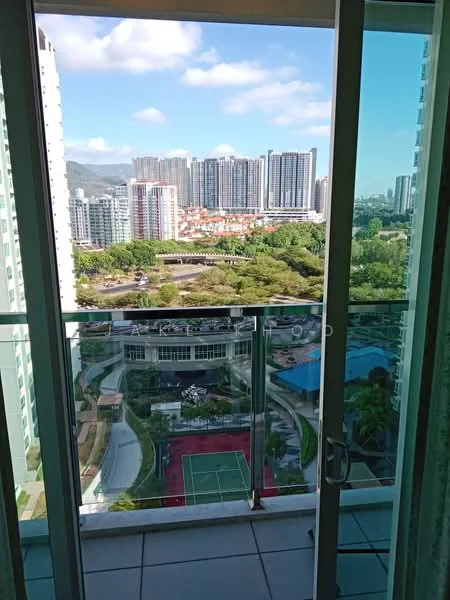 Room features: glass sliding door, balcony with glass railing, tile flooring, city skyline view, greenery view, outdoor space; style: modern; view: city.