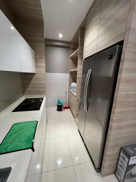 Kitchen features: white cabinetry, wood grain accent cabinetry, stainless-steel fridge, built-in cooktop, white countertop, ceramic tile flooring, open shelving, wall-mounted storage, recessed lighting; style: modern.