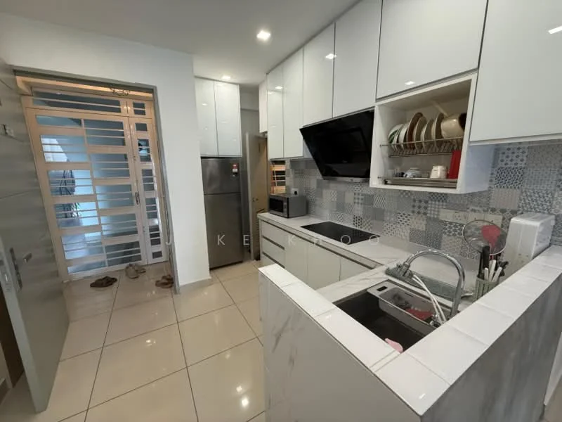 Kitchen features: white high-gloss cabinetry, marble countertop, single-bowl stainless-steel sink, chrome pull-down faucet, built-in microwave, stainless-steel fridge, ceramic tile backsplash with mosaic pattern, 4-burner gas hob, exhaust hood, recessed downlights, tile flooring, open shelving, kitchen island with seating; style: modern. Room features: glass panel door, tile flooring, light-colored walls.