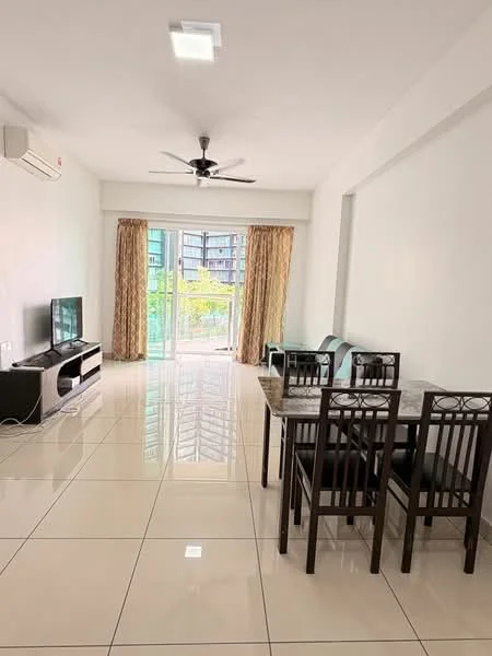 Living features: white painted walls, glossy tile flooring, 5-blade ceiling fan with light, sofa in light blue, glass-top dining table, 4 dining chairs, wall-mounted TV, TV console in white, curtains with floral pattern, sliding glass door, balcony view, natural light from windows; style: modern; view: garden.