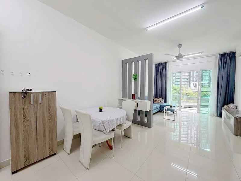 Living features: white painted walls, glossy tile flooring, 5-blade ceiling fan with light, floor-to-ceiling windows, sliding glass door, curtains, sofa in blue, coffee table, TV console, decorative plant, dining table with 4 chairs, partition wall; style: modern; view: garden.